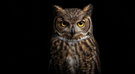 Obraz premium Owl portrait with dark background showing detailed feathers and piercing yellow eyes.