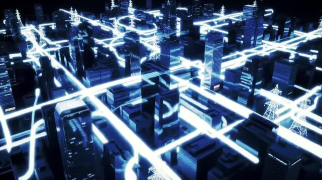 Futuristic holographic map showing IoT connections across a digital city. Glowing network visualization in seamless loop.