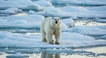 Polar bear stands on ice floe in arctic environment with water reflections.