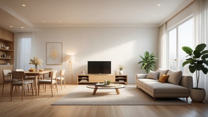 Modern living room and dining area with natural light and elegant decor