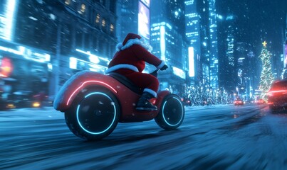Santa claus navigating a futuristic motorcycle through a snowy city street on christmas eve, delivering presents in a modern way