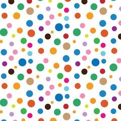 Seamless multicolor polka dot vector pattern, playful pastel and bright dots background for fabric and stationery.