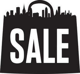 Fototapeta premium Black shopping bag silhouette with city skyline and sale text discount retail