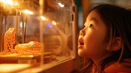 A fascinated child watches a 3D printer in action, highlighting the wonder of modern technology. Ideal for themes of education, technology, and curiosity