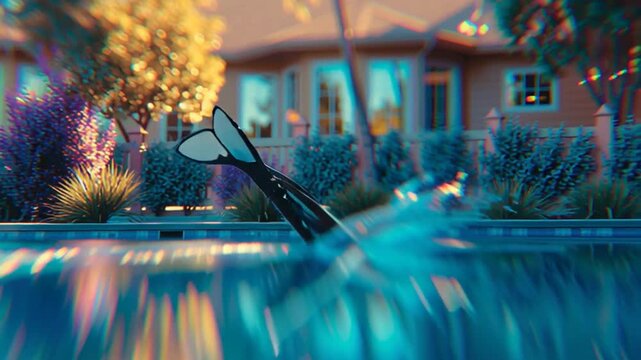 A whale jumping out of a swimming pool inside a house,