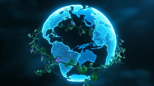 Glowing Earth Globe Model With Blooming Vine on a Dark Background, Showing Continents in Blue