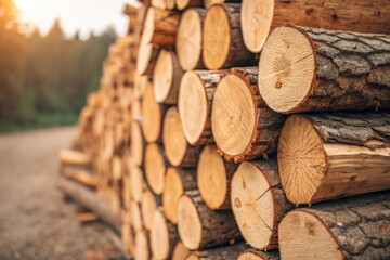 Logs Stacked Neatly Beside a Forest in Golden Sunset Light
