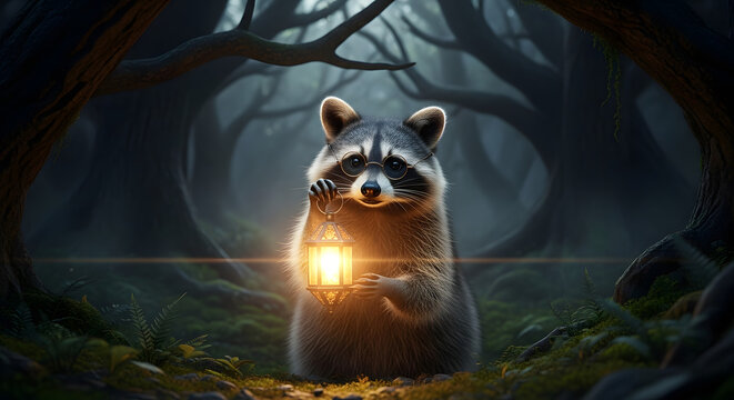 Raccoon with glasses holding lantern in a misty forest at night