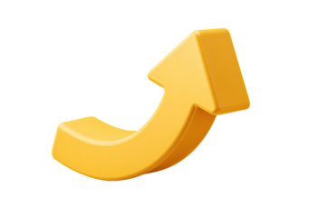 A three-dimensional, curved, upward-pointing arrow in a vibrant gold-yellow hue against a plain black background