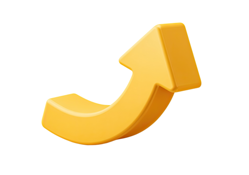 A three-dimensional, curved, upward-pointing arrow in a vibrant gold-yellow hue against a plain black background