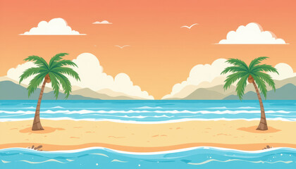 Obraz premium Serene tropical beach scene illustration with swaying palm trees, golden sand, calm ocean, and picturesque sky, perfect for relaxation