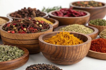Colorful Spices Arranged in Wooden Bowls on a White Background
