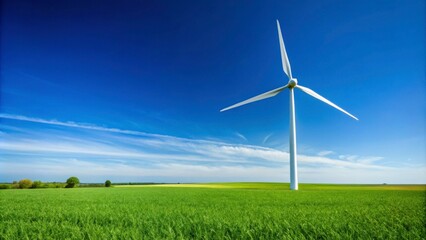 Fototapeta premium Wind Turbine on Green Field Against Clear Blue Sky Landscape