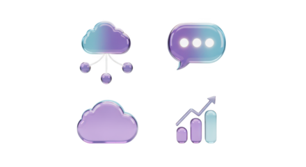 Cloud computing, chat, and analytics icons isolated on transparent background