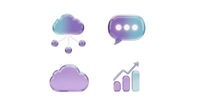 Cloud computing, chat, and analytics icons isolated on transparent background