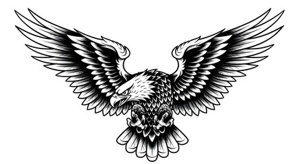 Black and White Eagle Illustration with Detailed Wings and Intense Expression for Tattoo Design or Artwork