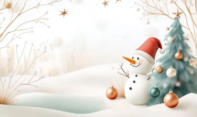 3d rendered snowman with santa hat standing next to decorated christmas tree in snowy landscape