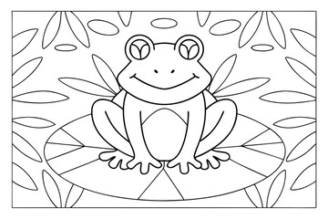 Fototapeta premium Black and white outline of a smiling frog sitting on a lily pad surrounded by leaves amphibian animal