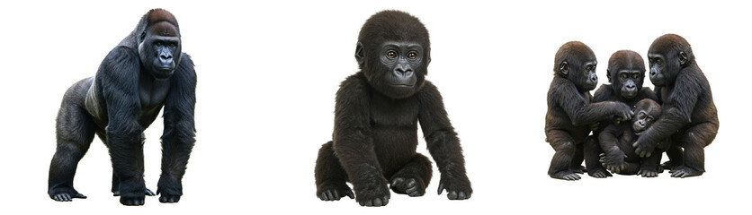 Obraz premium Majestic adult gorilla stands strong beside playful young gorillas in tender family embrace