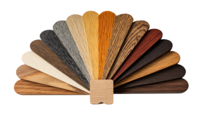 Wood stain color swatches arranged in a fan shape