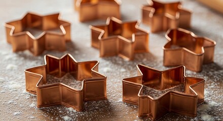 A close-up, top-down view of several scattered copper star-shaped cookie cutters on a wooden surface dusted with white flour.