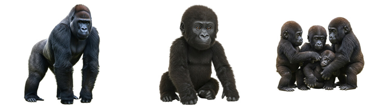 Majestic adult gorilla stands strong beside playful young gorillas in tender family embrace