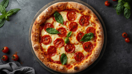 Delicious vegetarian pizzas with fresh tomatoes, basil, and mozzarella cheese on a white plate