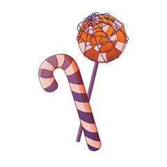 Vector illustration of halloween candy. Lollipop with spider web and striped cane. Creepy sweet treats, spooky confectionery for trick or treat party. Card decoration, Halloween design.