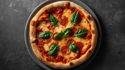 Delicious salami and cheese pizza on a wooden board ready to eat