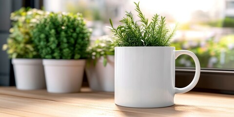 Bright and Inviting Green Home Decor Accent Featuring a White Mug with Lush Plant Arrangement