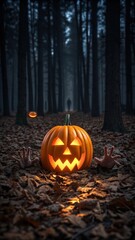 A glowing pumpkin in a dark forest at night