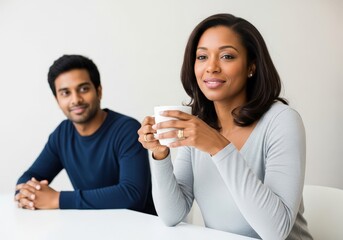Happy african american woman holding coffee cup and smiling while man looks on. Everyday life concept for relationship themes.