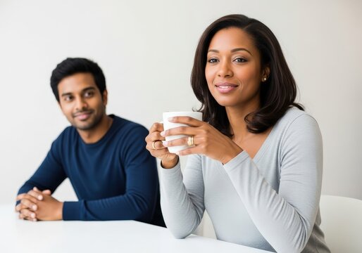 Happy african american woman holding coffee cup and smiling while man looks on. Everyday life concept for relationship themes. - Powered by Adobe