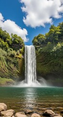 Obraz premium Majestic Waterfall Cascading into a Clear Emerald Pool Surrounded by Lush Green Cliffs and Forest Under a Bright Blue Sky with White Clouds