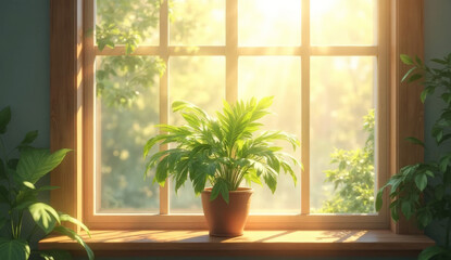 Fototapeta premium Sunlight fills window with green houseplant on windowsill, wide healthy leaves highlight freshness and natural harmony, blurred garden outside, cozy and tranquil home atmosphere
