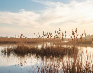 Golden reeds sway gently in a tranquil wetland, reflecting the soft glow of the setting sun in the water.	