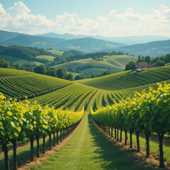 Fototapeta premium Rolling hills of a lush vineyard under a clear blue sky, showcasing a bountiful harvest