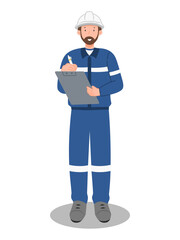 Engineer in safety uniform with hard hat writing on clipboard, construction inspection and project management illustration