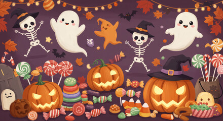 Fototapeta premium Cute Halloween illustration with ghosts, candy, skeletons, and smiling jack-o’-lanterns – child-friendly and colorful