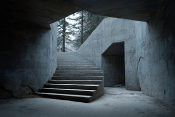 Obraz premium A stark concrete staircase rises within a dimly lit forest, creating an intriguing entrance to an unseen space, surrounded by trees Generative AI