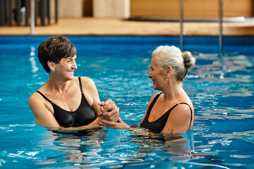 Fototapeta premium Wellness retreat for active seniors enjoying relaxation and connection in serene waters