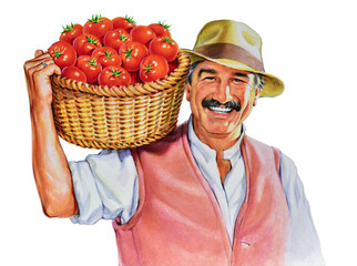 Airbrush Illustration aus den 1990er Jahren, mit einem Bauern, der einen Korb mit Tomaten auf der Schulter tr&auml;gt. Die Person ist frei erfunden.