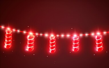 Christmas lights hanging over a red background. Copy space, add text or logo. Generative Ai
