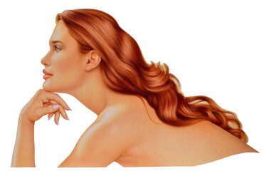 Airbrush Illustration aus den 1990er Jahren, freigestellt, mit einer Frau im Profil, f&uuml;r Haar-und Hautprodukte Werbung. Die Frau ist keine reale Person, sondern ein idealisiertes Bild.