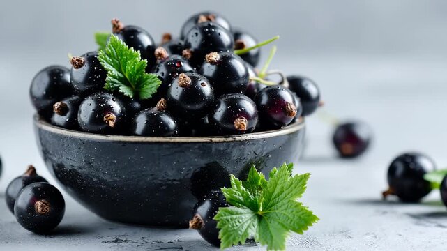 Close-up of fresh black currants in a dark bowl, decorated with green leaves, on a light background.