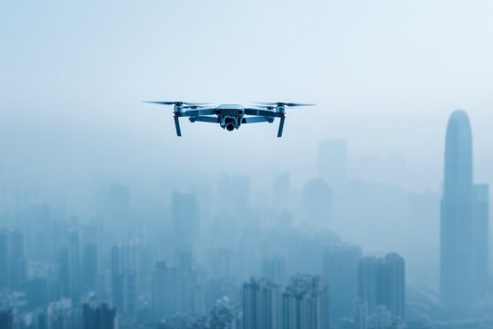 Aerial Vigil: A state-of-the-art drone, silhouetted against a backdrop of an urban cityscape, surveys the misty horizon. Representing technological innovation in the age of urban exploration.