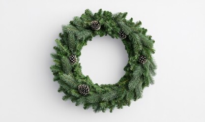 Beautiful christmas wreath with pine cones hanging on a white wall, creating a festive atmosphere for the winter holidays