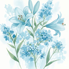 blue watercolor floral background, hand-painted spring flower design, elegant painted lily and lilac bouquet, soft botanical illustration with lilies