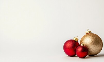 Christmas balls in red and gold colors are creating a festive atmosphere on a simple white background