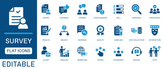 Survey icon set. featuring feedback, opinion, questionnaire, poll, research, data collection, review, satisfaction icon and more. perfect flat icon collection.